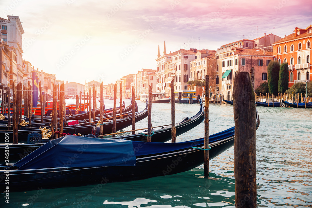Row gondolas boats on Grand Canal Venice. Concept banner site.