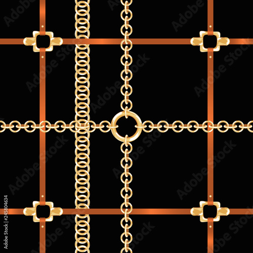 Golden chains and belts, seamless pattern. Baroque style fashion pattern with chains and belts