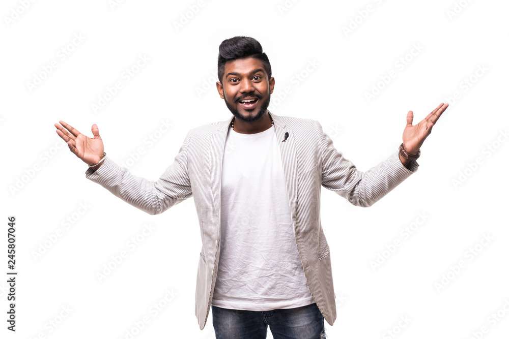 Yes, he did it. Portrait of hipster indian bearded man raised hands isolated on white background Yes, he did it. Portrait of hipster indian bearded man raised hands isolated on white background
