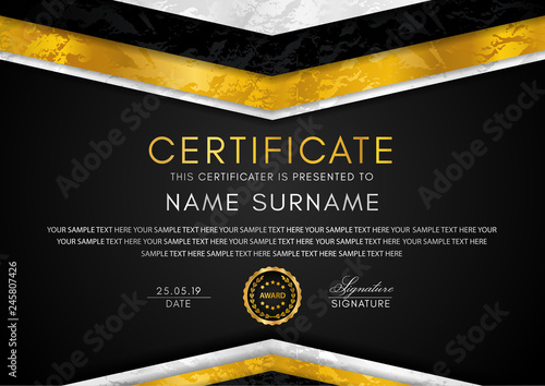 Certificate template with geometry frame and gold badge. Black background design for Diploma, certificate of appreciation, achievement, completion, of excellence, award