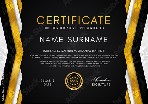 Certificate template with geometry frame and gold badge. Black background design for Diploma, certificate of appreciation, achievement, completion, of excellence, award