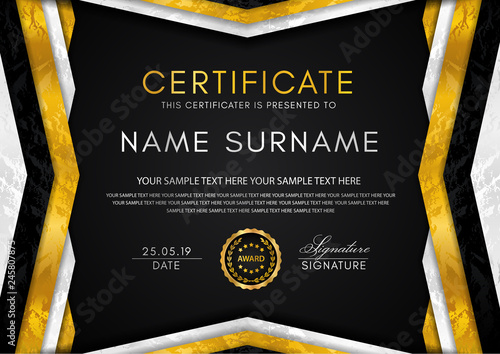 Certificate template with geometry frame and gold badge. Black background design for Diploma, certificate of appreciation, achievement, completion, of excellence, award