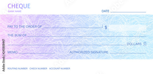 Cheque, Check (Chequebook template). Guilloche pattern with abstract line watermark. Background hi detailed for banknote, money design, currency, bank note, Voucher, Gift certificate, Money coupon