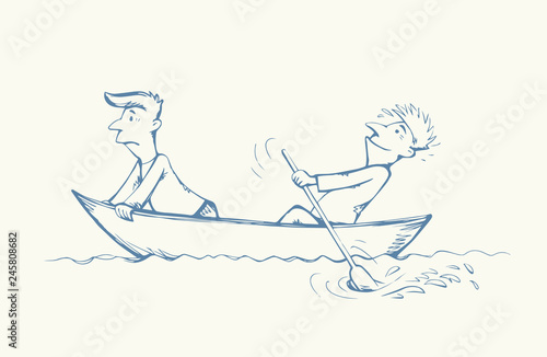 Men are swimming in boat. Vector drawing