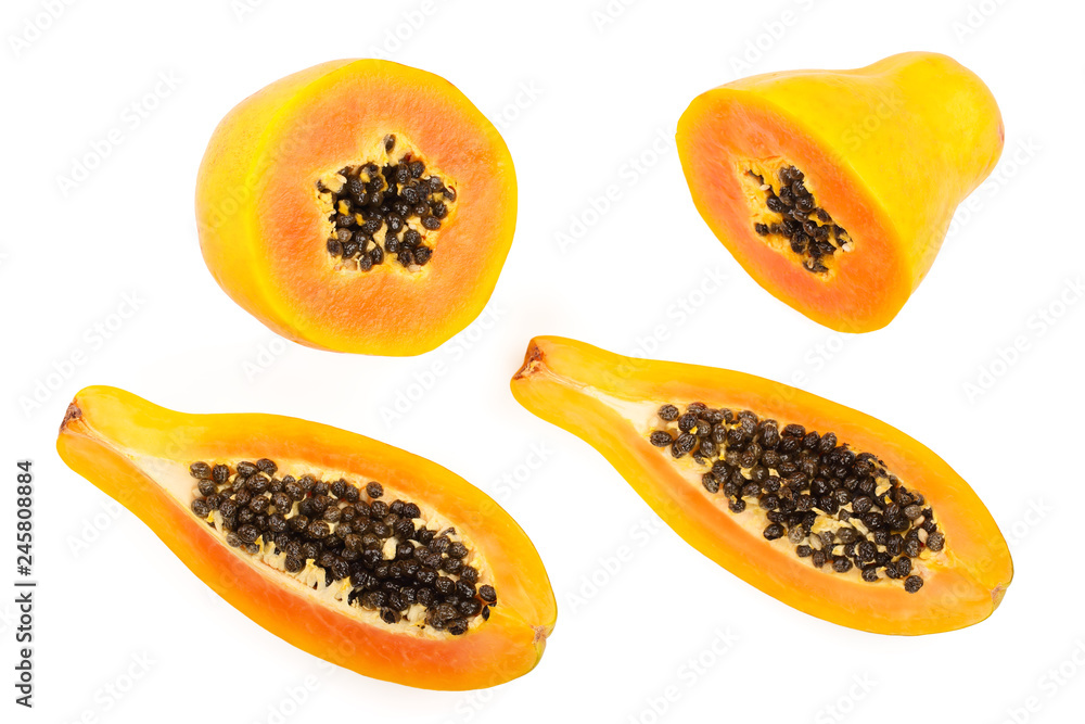 half of ripe papaya isolated on a white background. Top view. Flat lay half of ripe papaya isolated on a white background. Top view. Flat lay