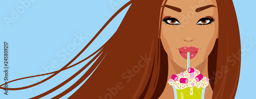Portrait of a modern sexy girl with pink lips who drinks a cocoa with marshmallow, coffee, cocktail, drink from a glass through a straw. Face close up on a blue background, wide horizontal vector
