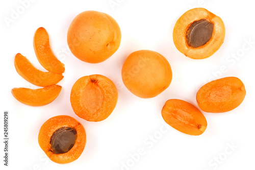 Apricot fruits isolated on white background. Top view. Flat lay pattern