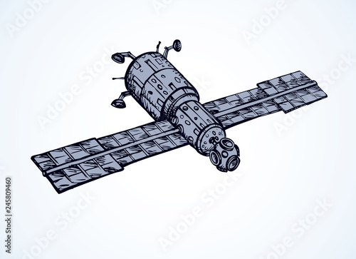 Satellite with dish antenna. Vector doodle sketch