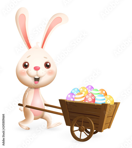 Easter bunny carrying cart with colorful decorated Easter eggs - isolated on white background