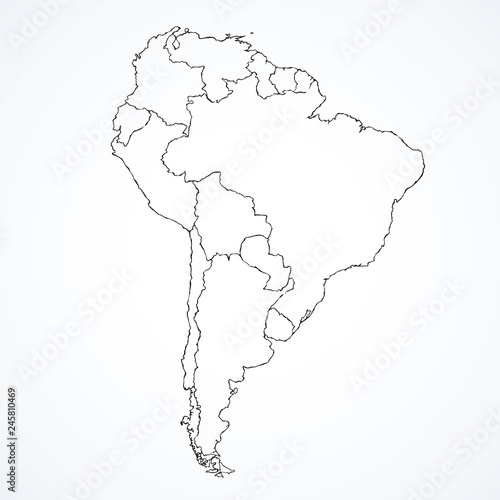 South America continent with contours of countries. Vector drawing