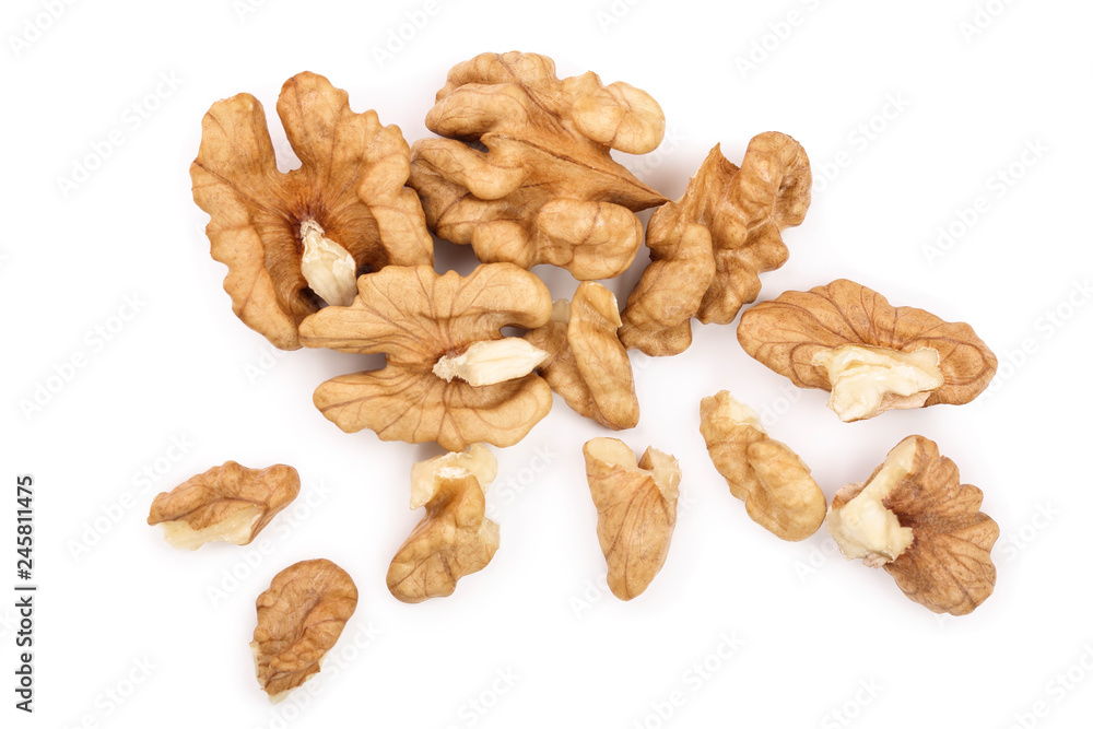 peelled Walnuts isolated on white background. Top view. Flat lay peelled Walnuts isolated on white background. Top view. Flat lay