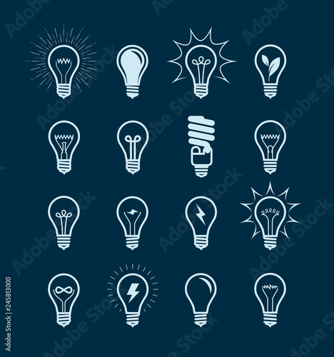 Light bulb icon set. Lightbulb, electricity, energy symbol or label. Vector