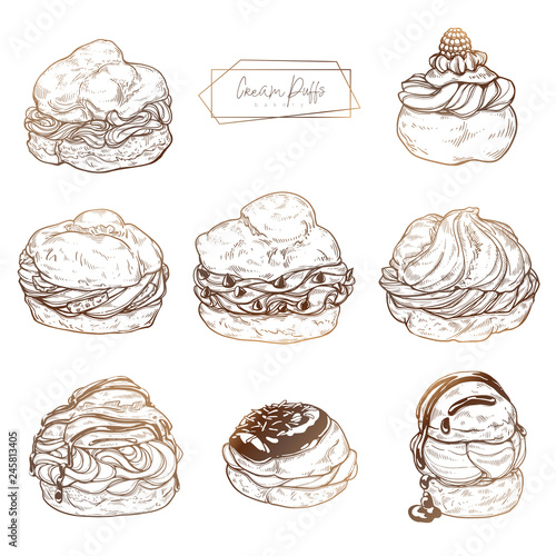 Sweet pastries - cream puffs. Vector set of cakes with fruit and berry stuffing, cream and chocolat.