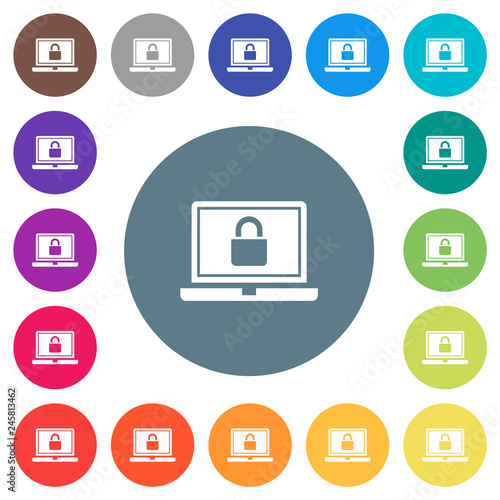 Locked laptop flat white icons on round color backgrounds