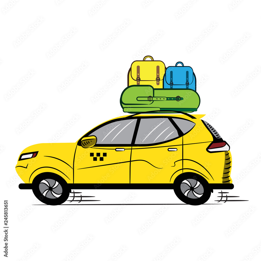 Yellow Taxi, Backpacks and Stopwatch with Bell. Sketch-Style Icon. Symbol. Sign. Stock Vector Illustration. Transparence. White Isolated.