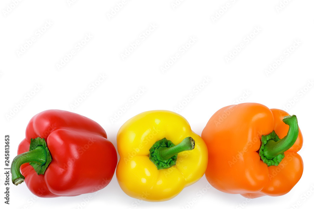 yellow orange and red sweet bell pepper isolated on white background with copy space for your text. Top view. Flat lay yellow orange and red sweet bell pepper isolated on white background with copy space for your text. Top view. Flat lay