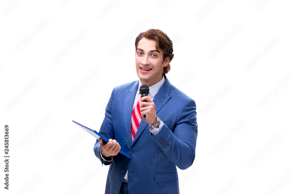 Elegant man with microphone isolated on white Elegant man with microphone isolated on white