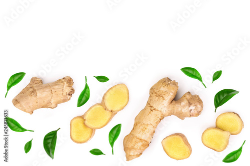 fresh Ginger root and slice isolated on white background with copy space for your text. Top view. Flat lay