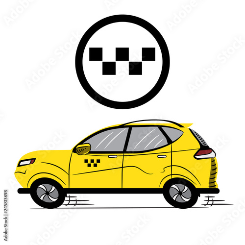 Taxi. Yellow Car. Icon. Sketch. Symbol. Sign. Stock Vector Illustration. Transparent. White Isolated.