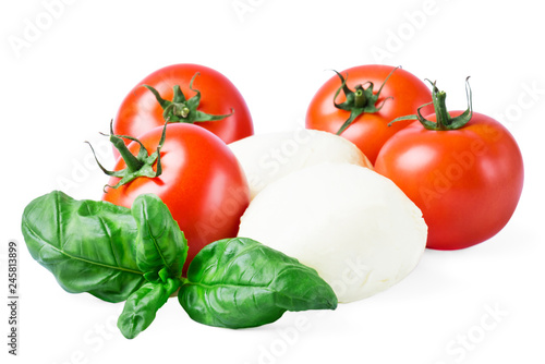 A closeup of Mozzarella cheese balls with fresh basil leaves and tomatoes on a white background 