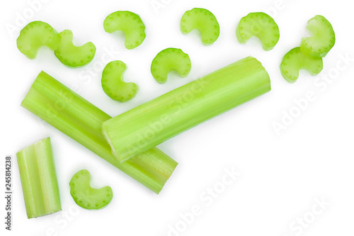 fresh celery isolated on white background with copy space for your text.Top view. Flat lay