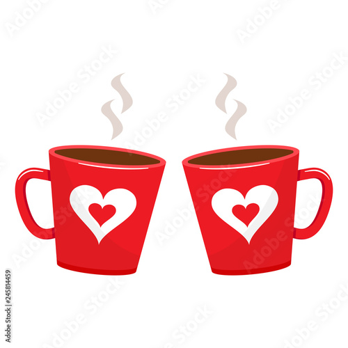 Two cups with hot drink. red cup with heart. Vector illustration