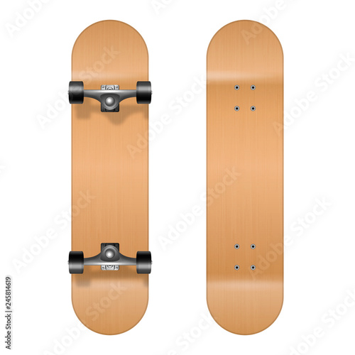 Skateboarding. Vector Realistic 3d Wooden Blank Skateboard Icon Set Closeup Isolated on White Background. Design Template of Skate Board Showing the Top and Bottom for Mockup. Top view
