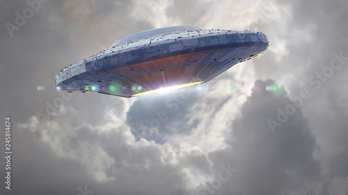 UFO  science fiction scene with alien spaceship in the sky  extraterrestrial visitors in flying saucer  3d space rendering 