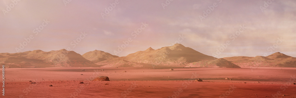 landscape on planet Mars, scenic desert surrounded by mountains on the red planet (3d space rendering banner)