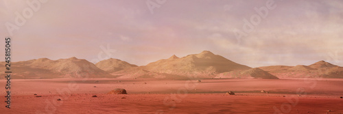 landscape on planet Mars, scenic desert surrounded by mountains on the red planet (3d space rendering banner) © dottedyeti