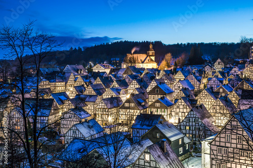 Wonderful winter village with snow covered half-timbered houses in Germany