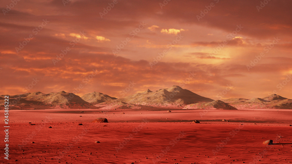 landscape on planet Mars, scenic desert surrounded by mountains on the red planet