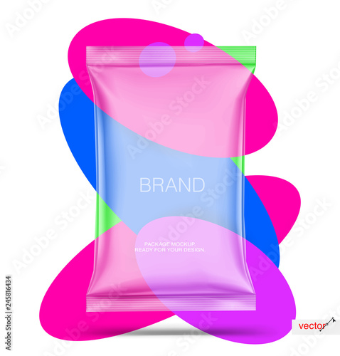 Realistic vertical pillow bag mockup on colorful background. Vector illustration. Can be used for food, hygiene, cosmetic. Taking your 2D designs into 3D. EPS10.	