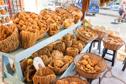 Sea sponge on display in street shop on Symi island (Rhodes, Greece)