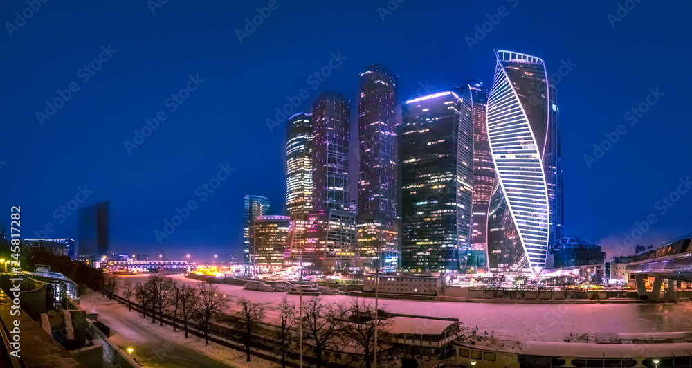 Moscow, Russia. Winter. Panorama of the city from a height. Moscow city in winter. Panorama of Moscow River.
