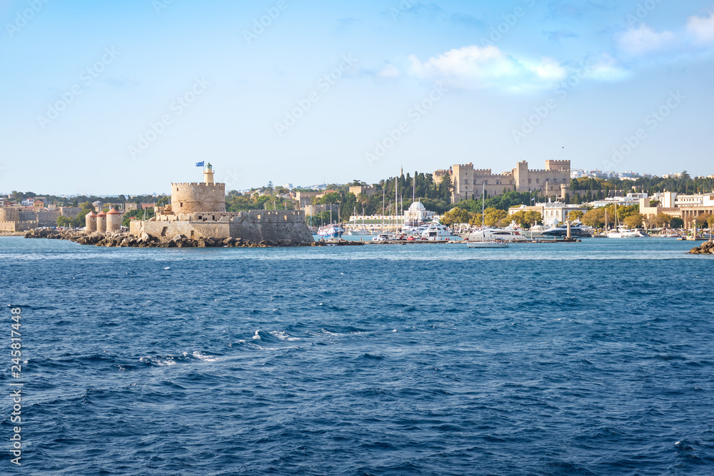 St. Nicoaus fortress, Mandraki harbor and Grand Master palace in City of Rhodes (Rhodes, Greece)