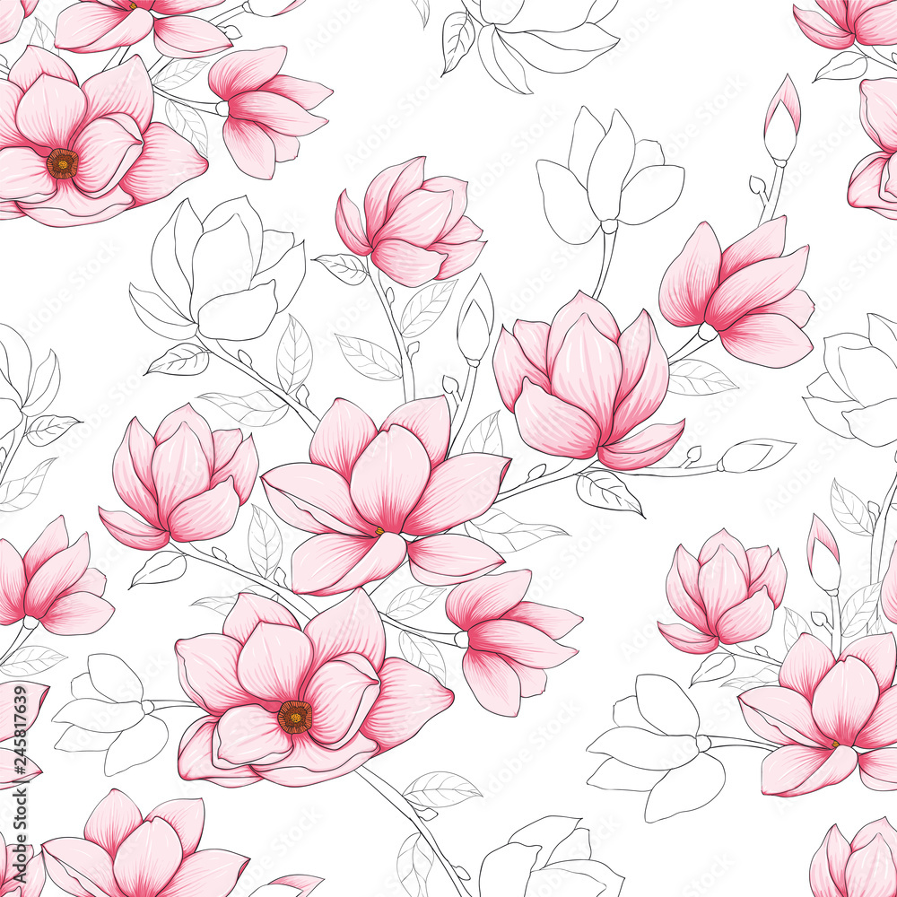 Obraz premium Seamless pattern pink pastel Magnolia flowers abstract background.Drawing line art.Vector illustration