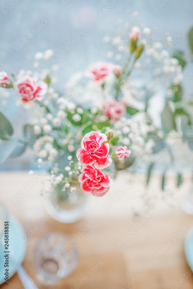 Little red carnation flowers on the pastel background