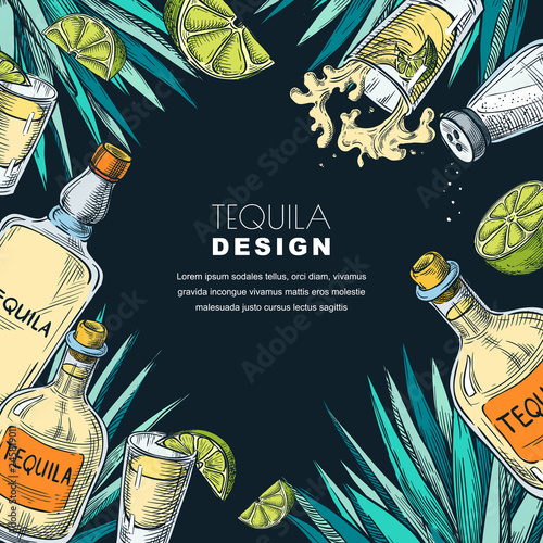 Tequila label design. Sketch vector illustration of bottles, shot glass, lime and agave. Bar menu black background.