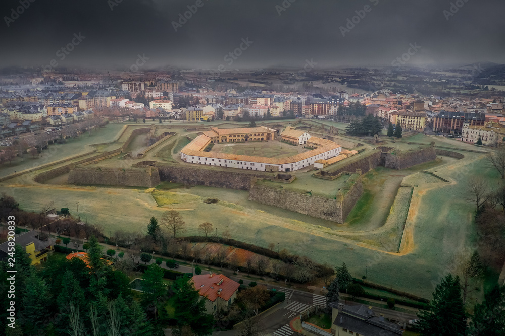 Aerial view of Jaca fortress a star shaped military base with pointed bastions protecting a pass in the Pyrenees in northern Spain close to the French border