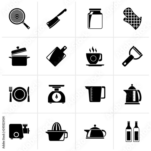 Black home kitchen equipment icons - vector icon set