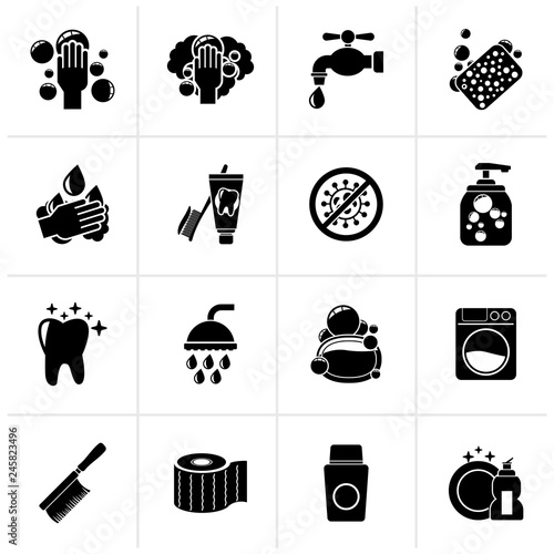 Black Cleaning and hygiene icons - vector icon set