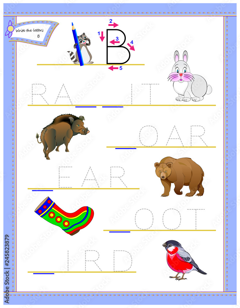 tracing letter b for study english alphabet education page for kindergarten worksheet for kids logic puzzle game developing children skills for writing and reading vector cartoon image stock vector adobe stock