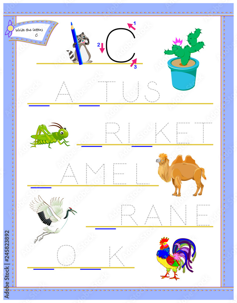 tracing letter c for study english alphabet education page for kindergarten worksheet for kids logic puzzle game developing children skills for writing and reading vector cartoon image stock vector adobe stock