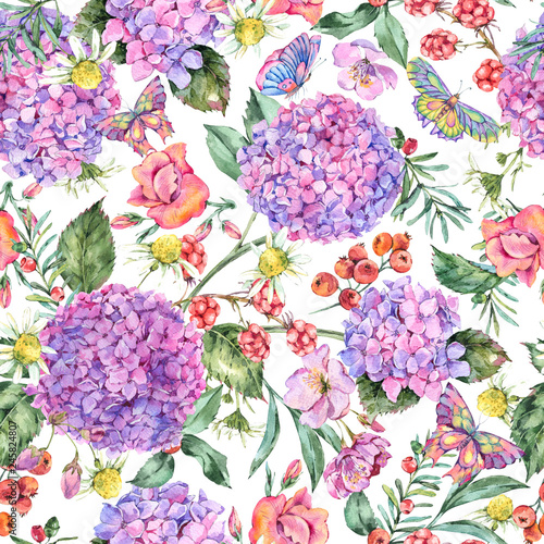 Watercolor Summer Seamless Pattern with Pink Hydrangea, Chamomile, Berries