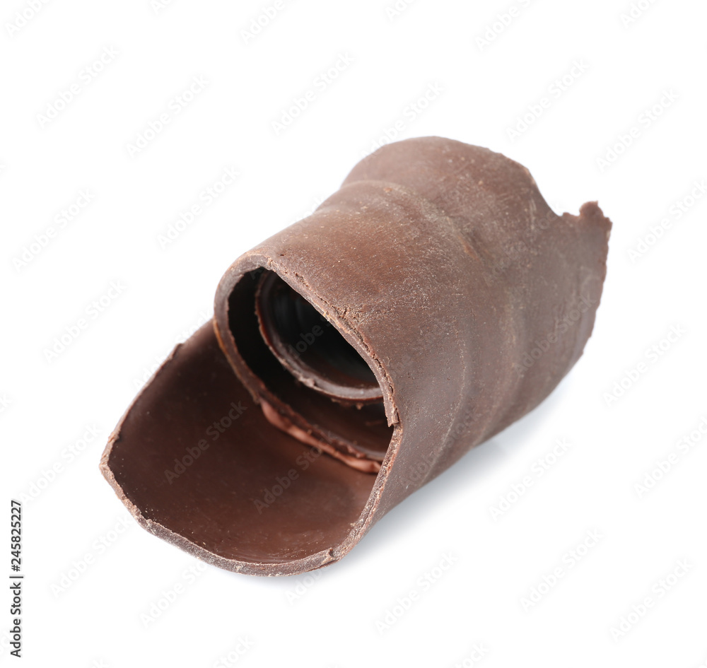 Yummy chocolate curl for decor on white background Yummy chocolate curl for decor on white background