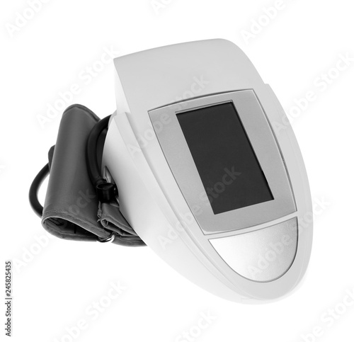 Digital blood pressure monitor on white background. Cardiology equipment
