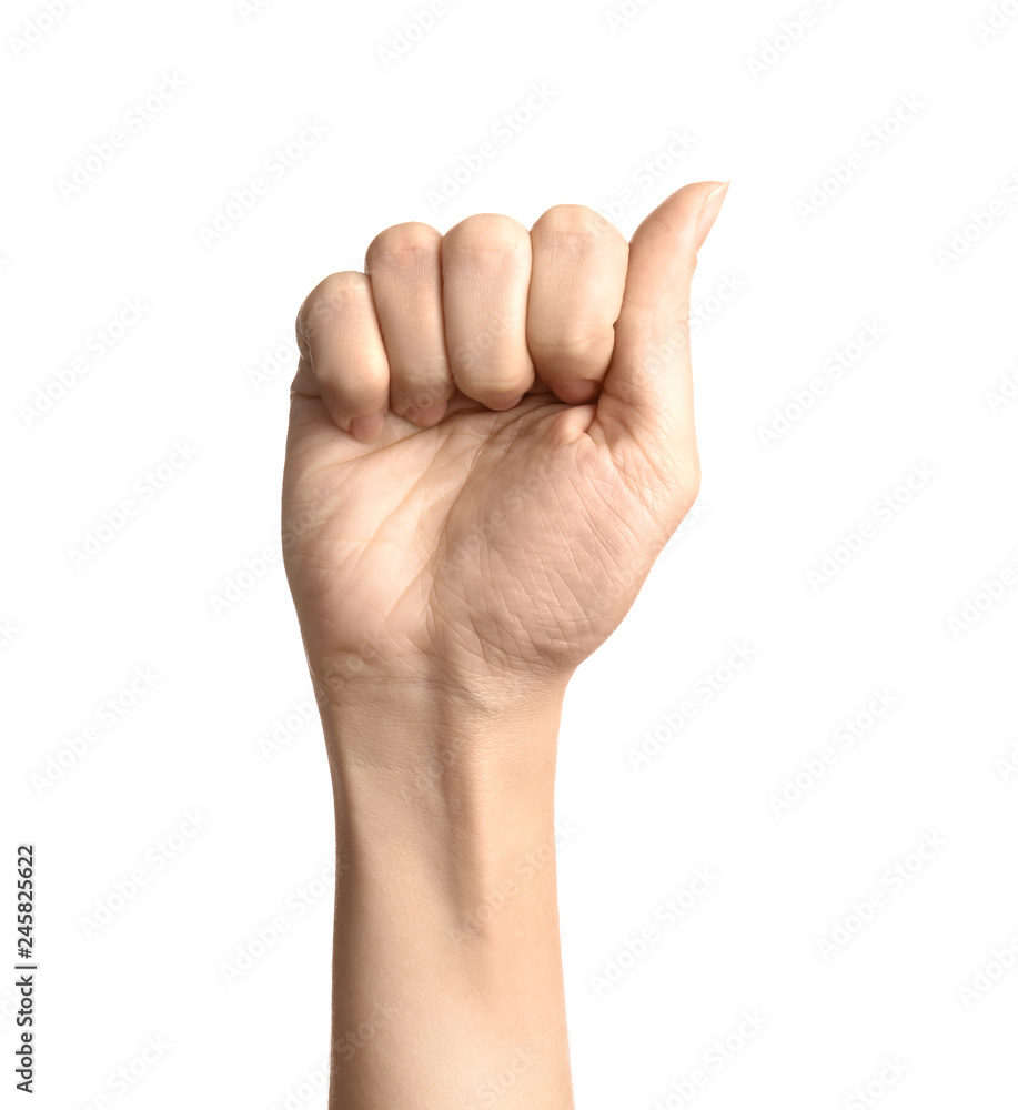Woman showing A letter on white background, closeup. Sign language Woman showing A letter on white background, closeup. Sign language