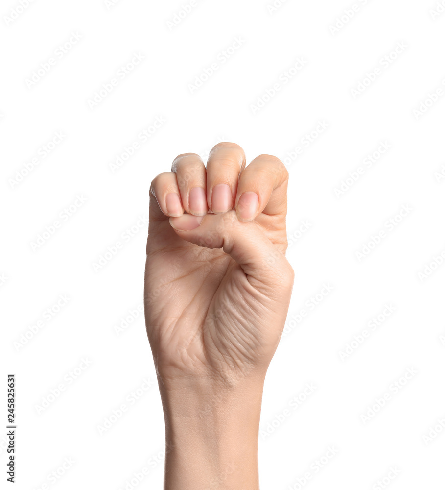 Woman showing E letter on white background, closeup. Sign language Woman showing E letter on white background, closeup. Sign language