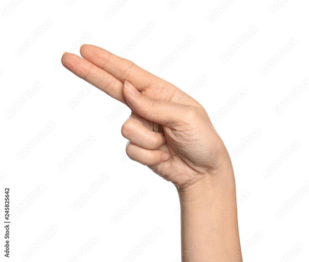 Woman showing H letter on white background, closeup. Sign language Woman showing H letter on white background, closeup. Sign language